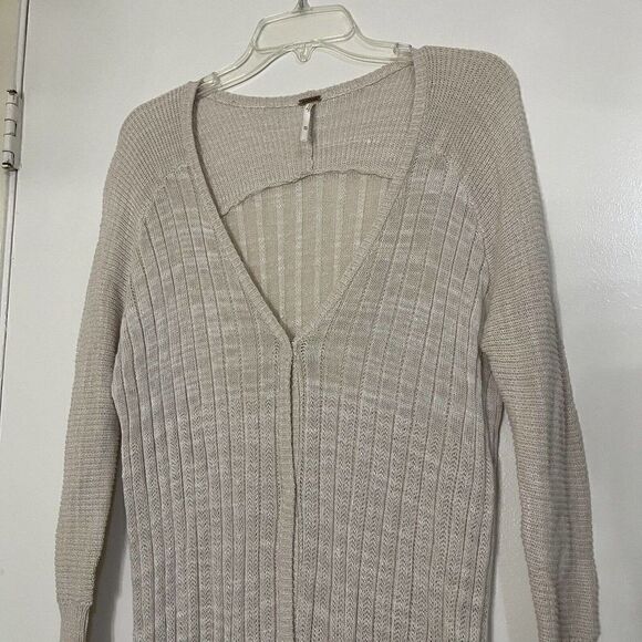 FREE PEOPLE tan knit long lightweight ribbed duster cardigan sweater size XS - Picture 3 of 7